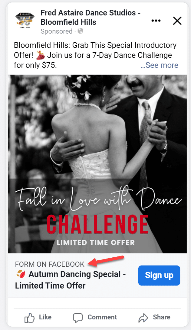 Couple dancing, ad for Fred Astaire Dance Studios 7-day challenge. Includes 