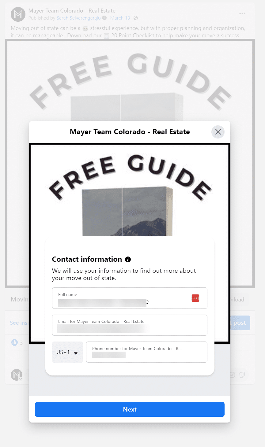Popup for free guide registration with contact info, name field, and consent checkbox, and blue print button.