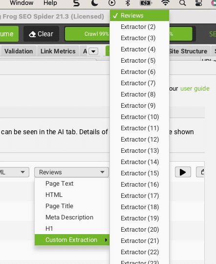 Screenshot of SEO Spider software showing a dropdown menu for 'Reviews' with extraction options, including custom extraction.