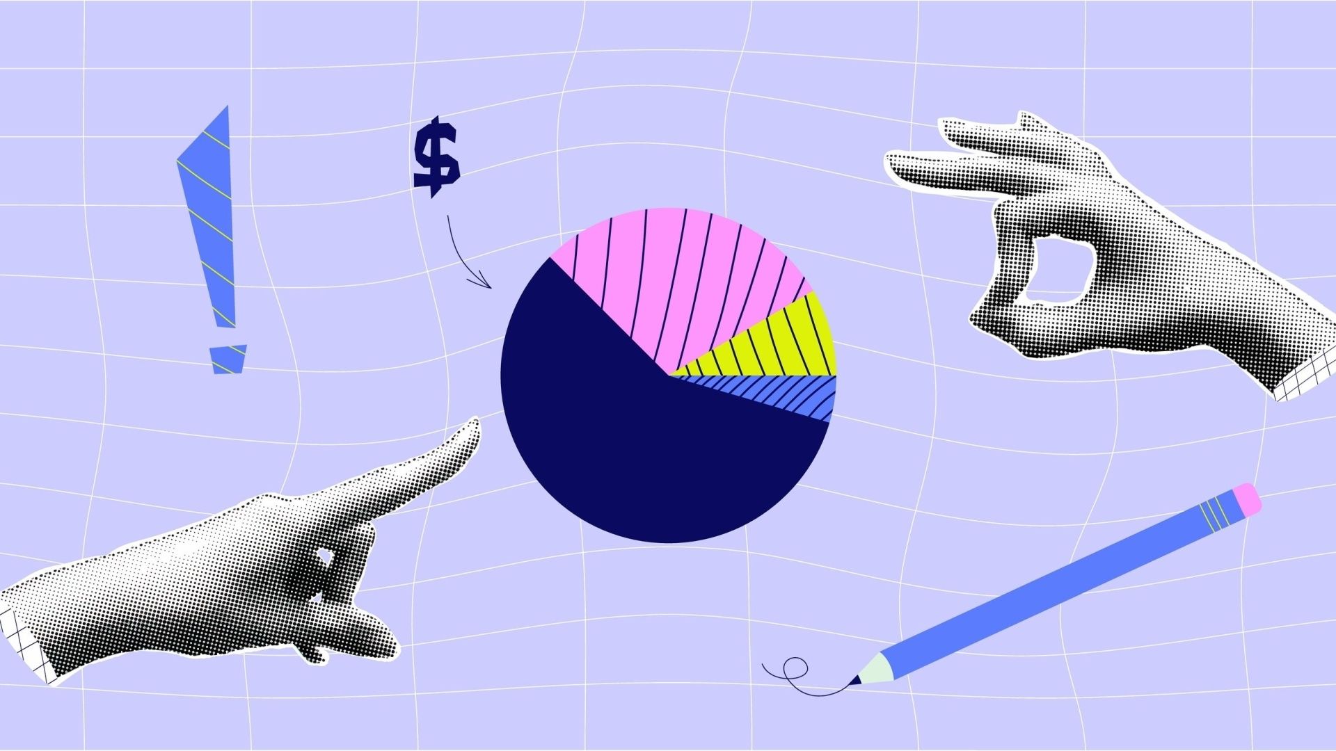 Pie chart with dollar sign, hands pointing, pencil, and exclamation mark.
