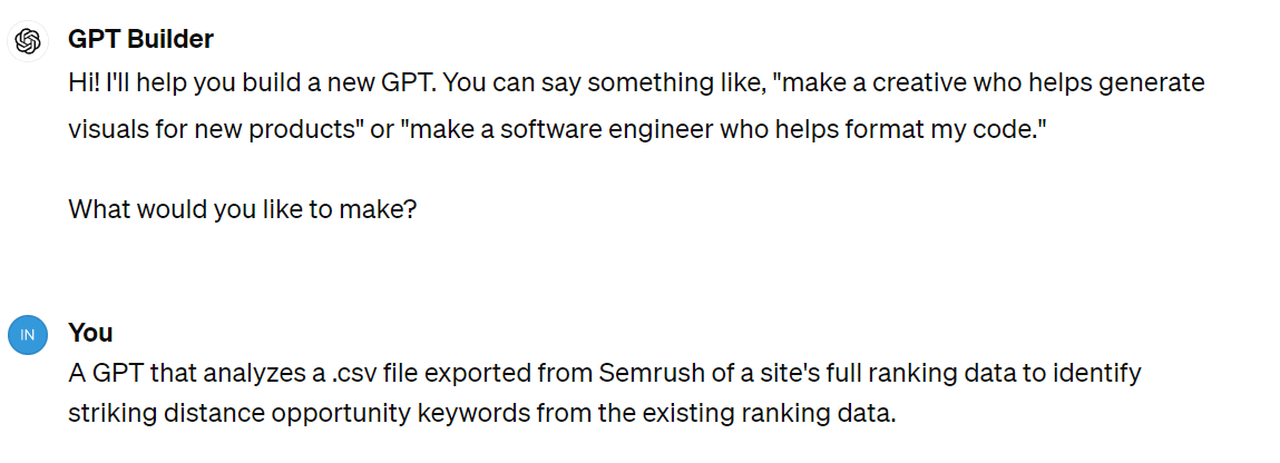 Screenshot of a user interacting with a GPT Builder, asking for a GPT that generates reports.