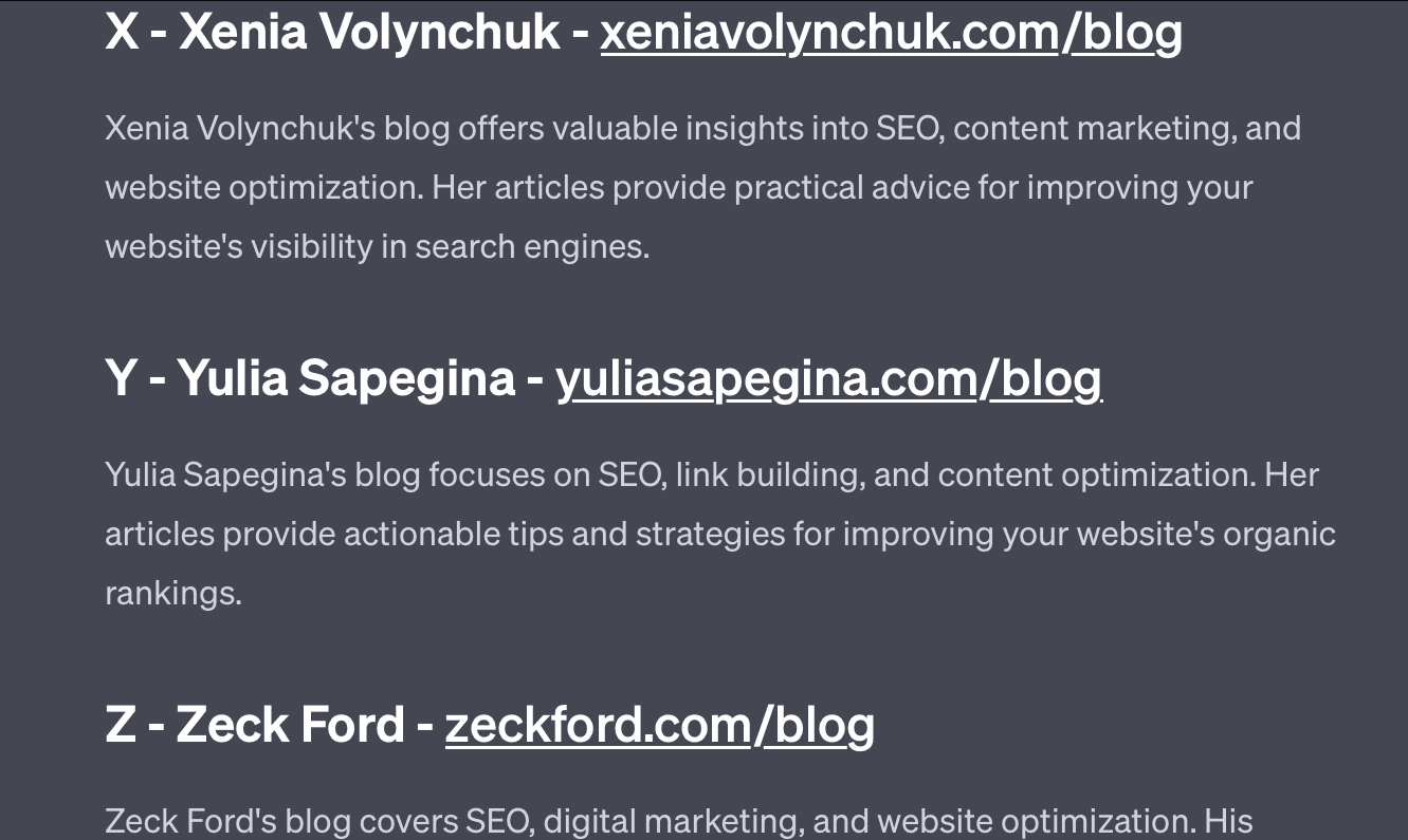 List of SEO blogs by Xenia, Yulia, and Zeck, with links and summaries of content, on a dark background.