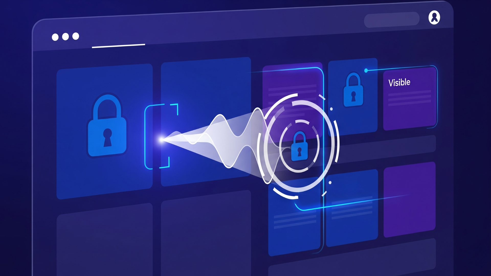 A digital security concept. A website interface with locks is illuminated by a wave, indicating a voice verification.