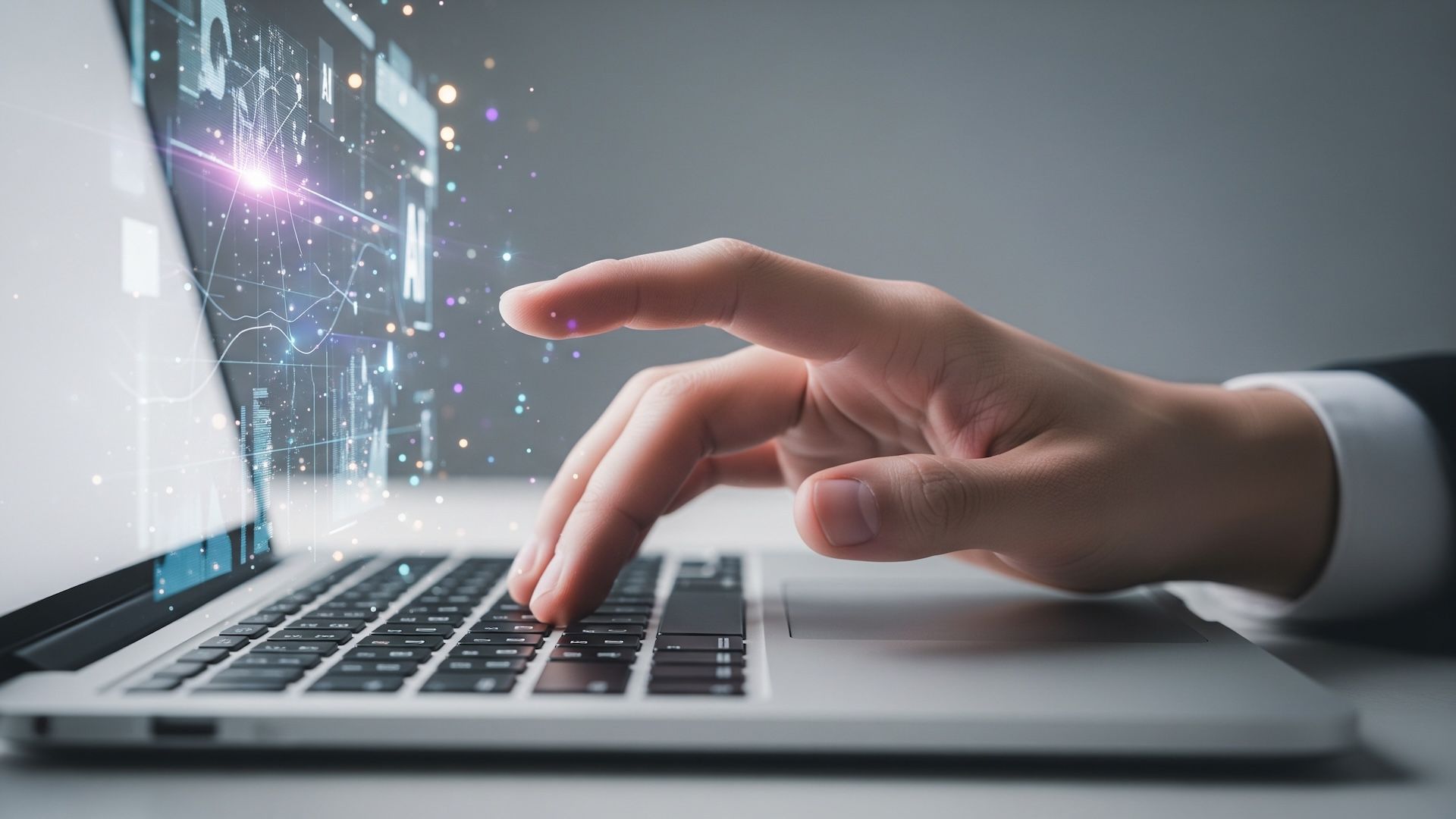 Hand typing on laptop with digital data graphics overlay.