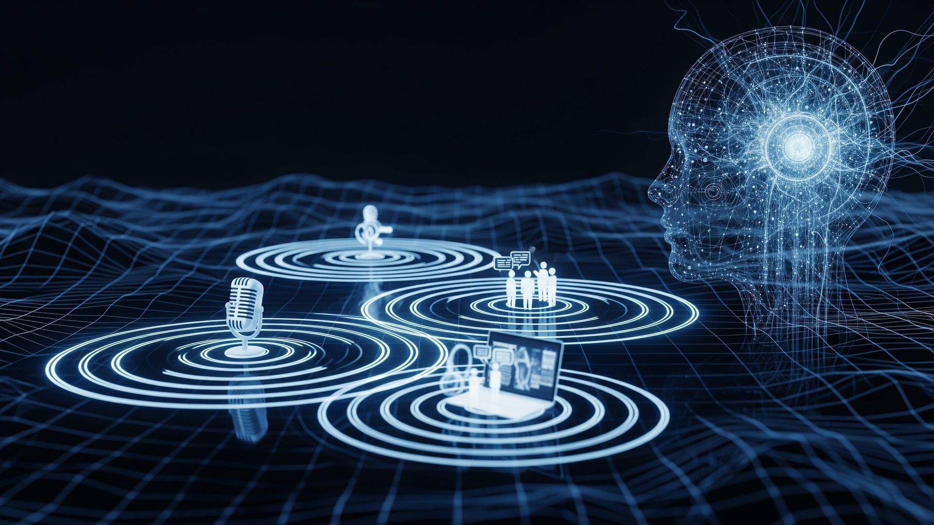Digital illustration: Glowing blue circuits form a human head; concentric circles surround icons representing different forms of media.