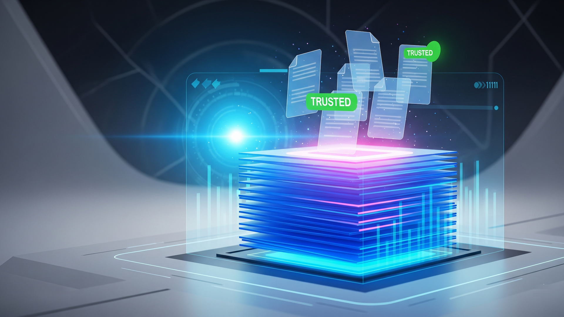 A glowing blue data cube emitting light, with floating digital documents, labeled 