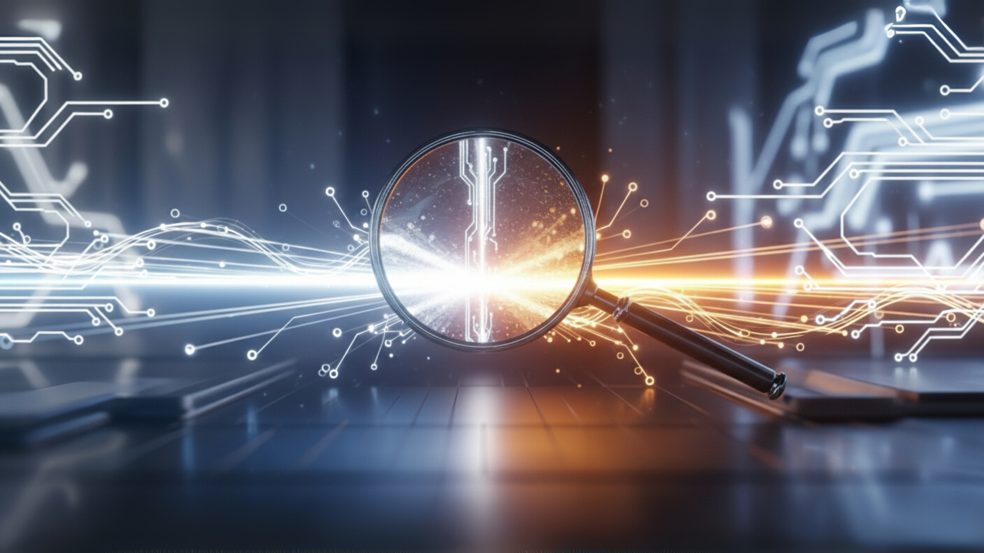 Magnifying glass over circuits and glowing lines, symbolizing data analysis and technology research.