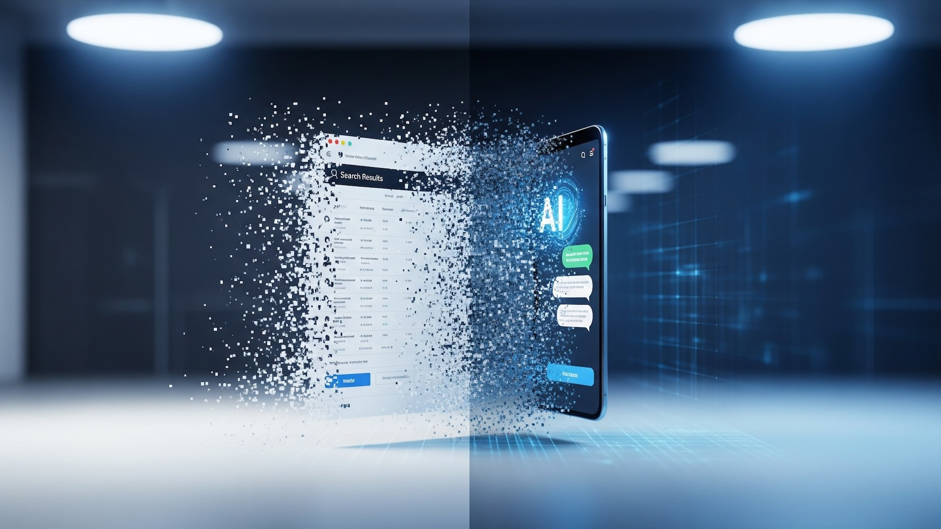 A smartphone partially disintegrates, revealing an 