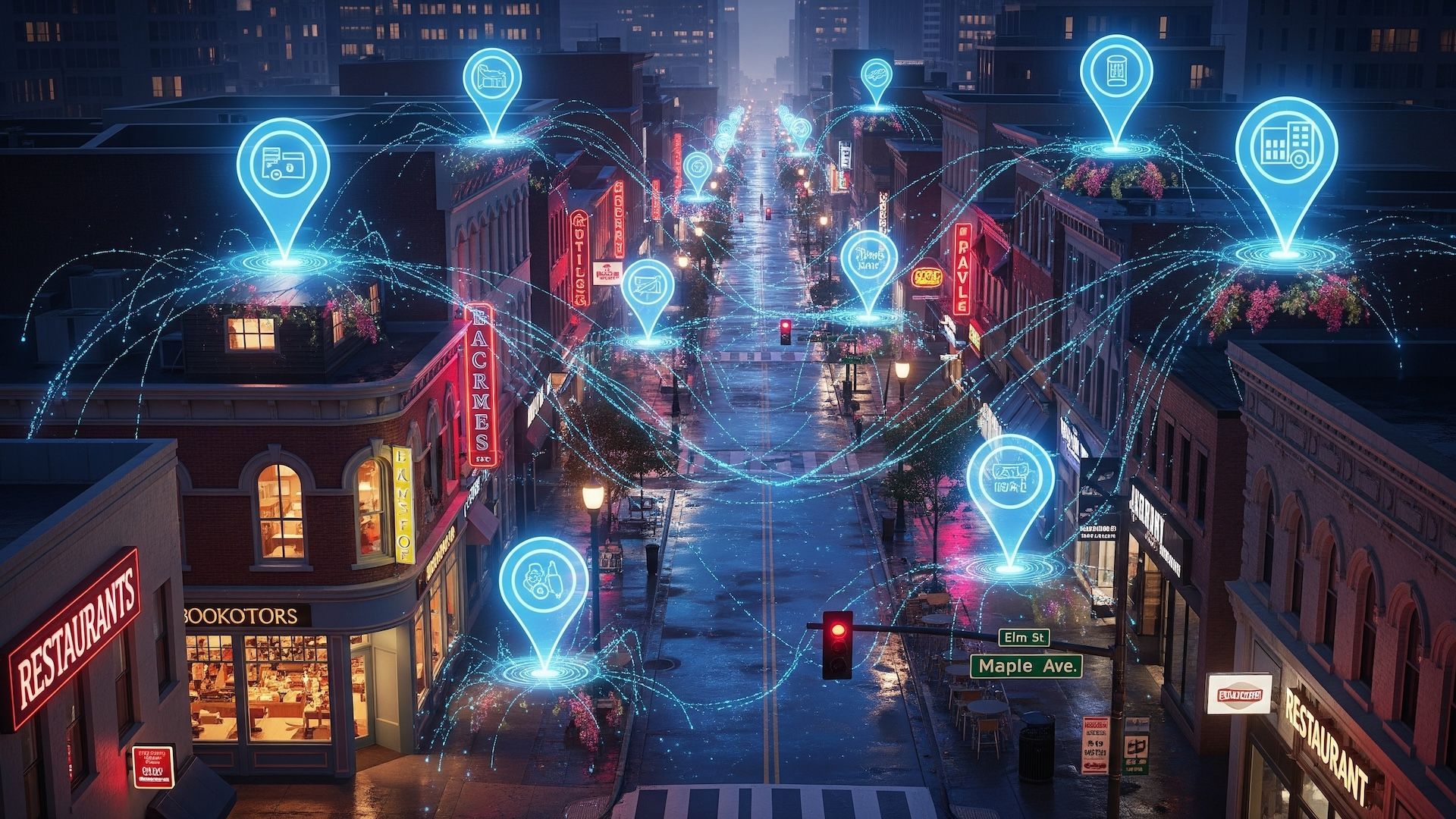 A city street at night with glowing location pins and connecting lines.