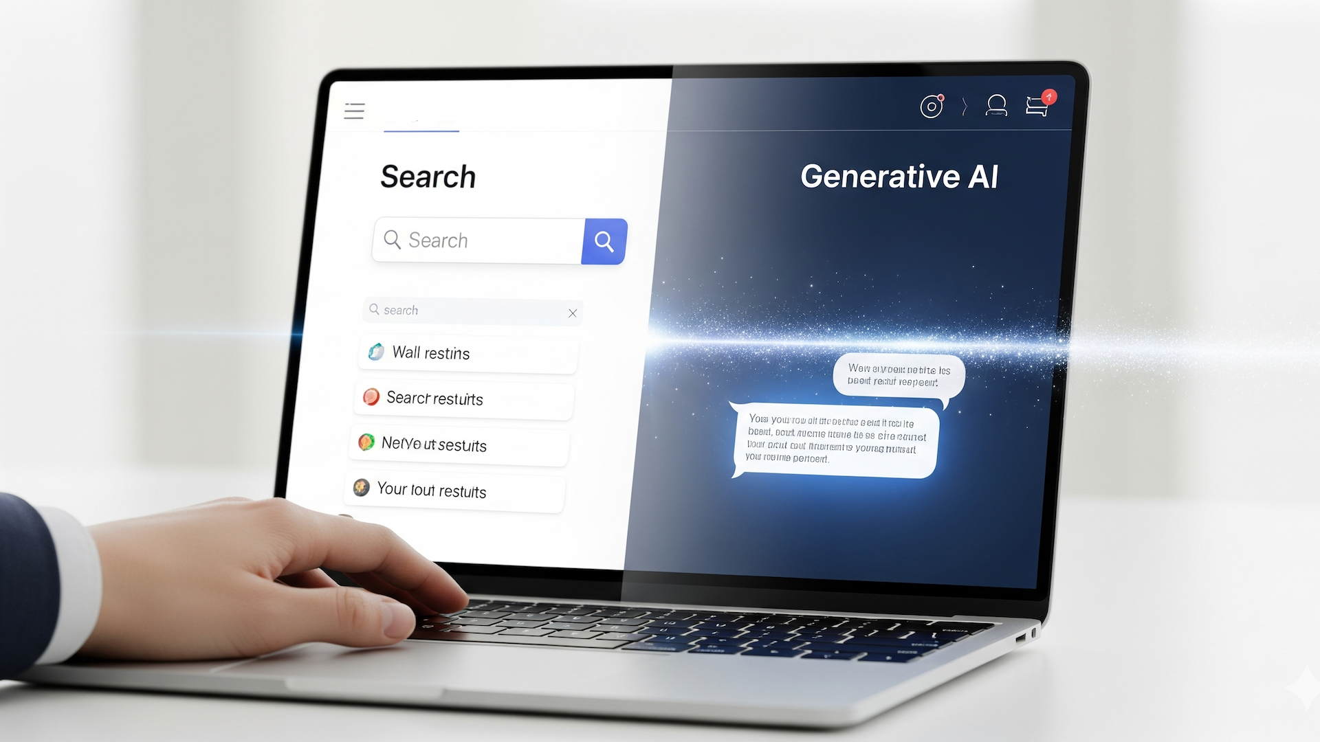 Man using laptop with a search interface and a Generative AI chat on screen.