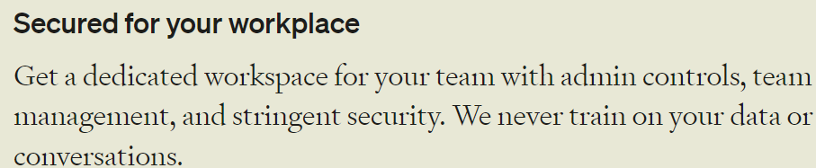 Text promoting workplace security, including admin controls, team management, and data privacy.