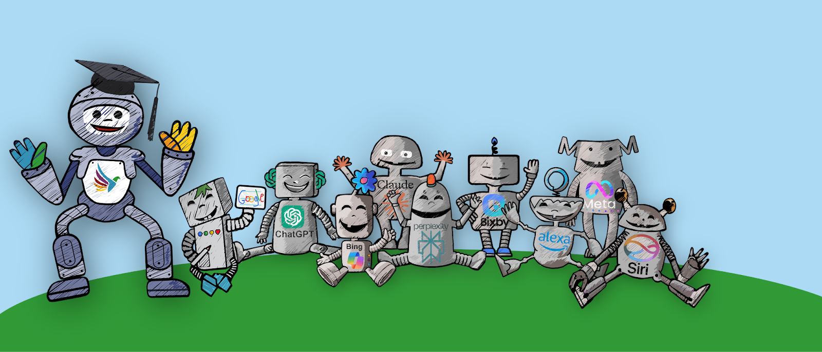 Group of robots on a green hill against a blue sky. The robots are diverse and playful.