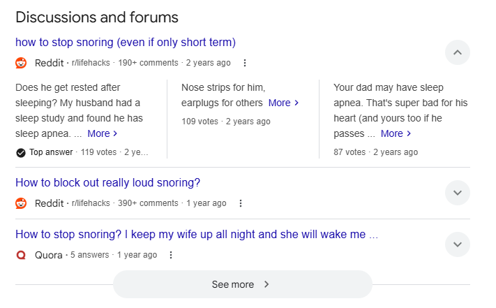 Discussions and forums about snoring, including Reddit and Quora threads.
