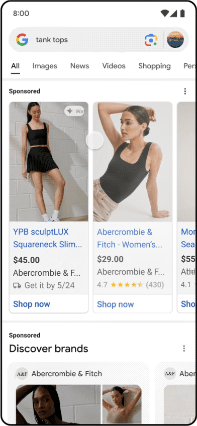 Google search results for tank tops; Sponsored products.