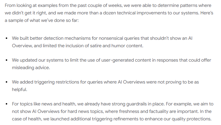 Text detailing AI improvements: better query detection, content restrictions, and quality protections for news/health.
