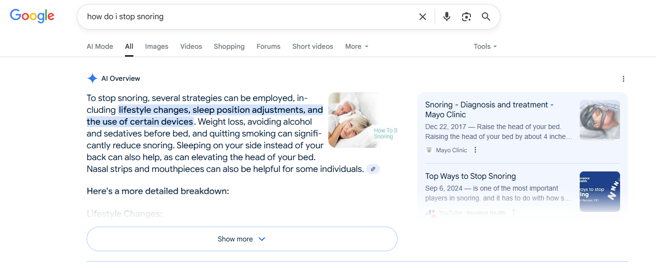 Google search results page with text about 