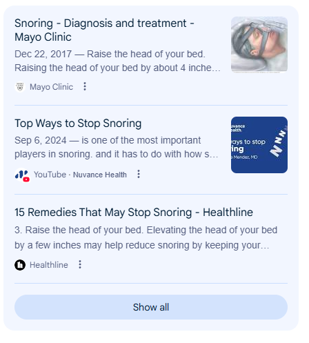 Search results about snoring, including Mayo Clinic and Healthline articles, with tips on remedies.