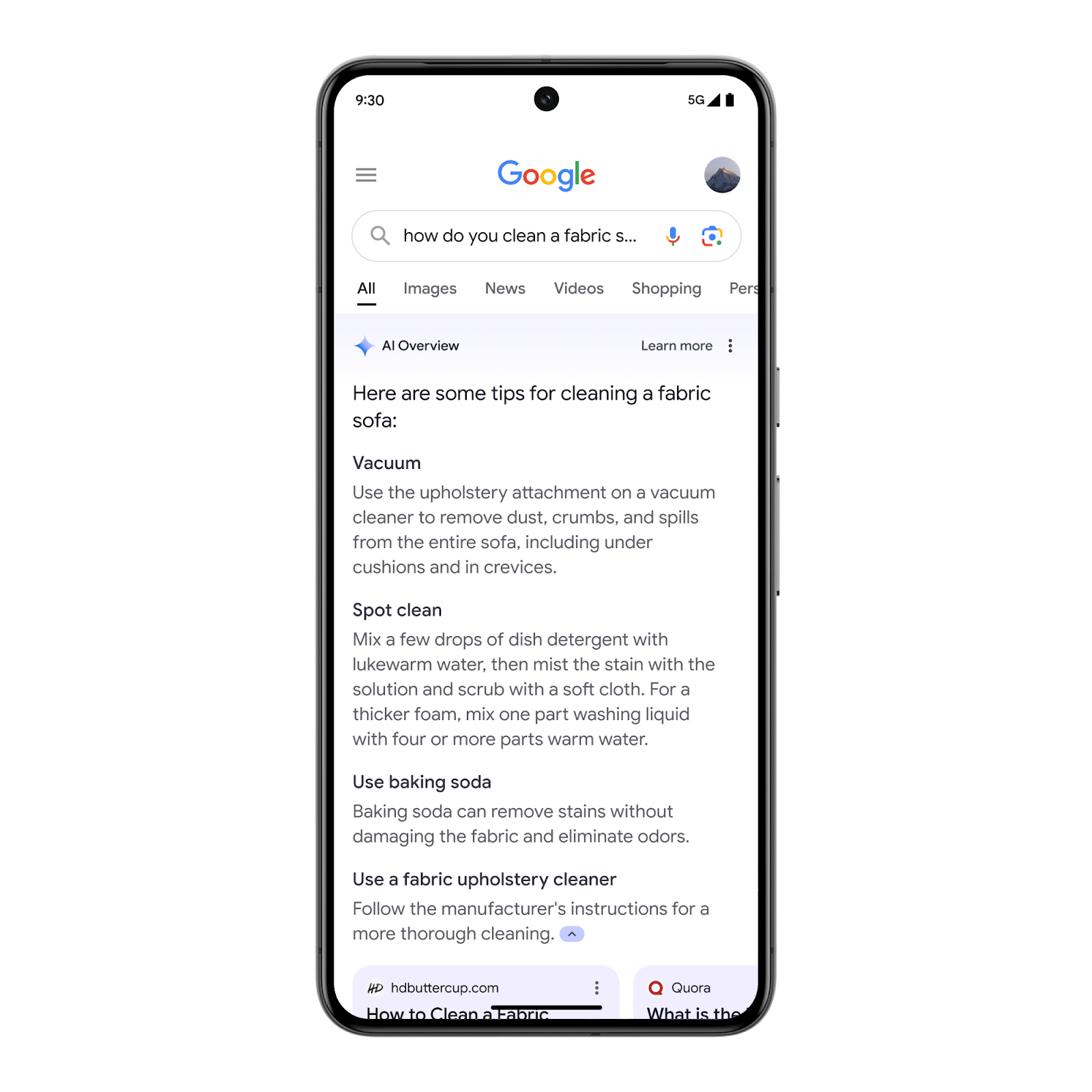 A smartphone displaying a Google search result with cleaning tips for a fabric sofa.