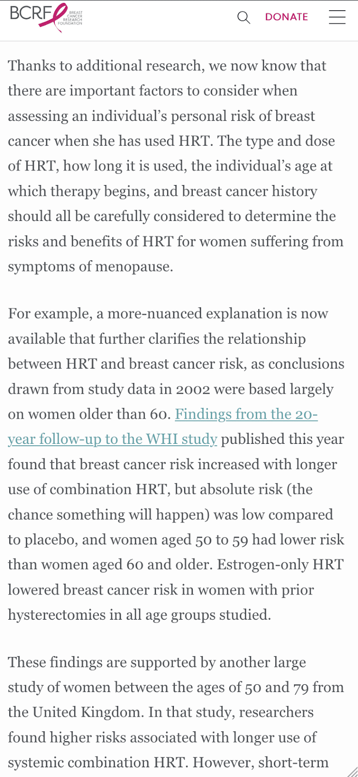 Text from a webpage about HRT and breast cancer risk.
