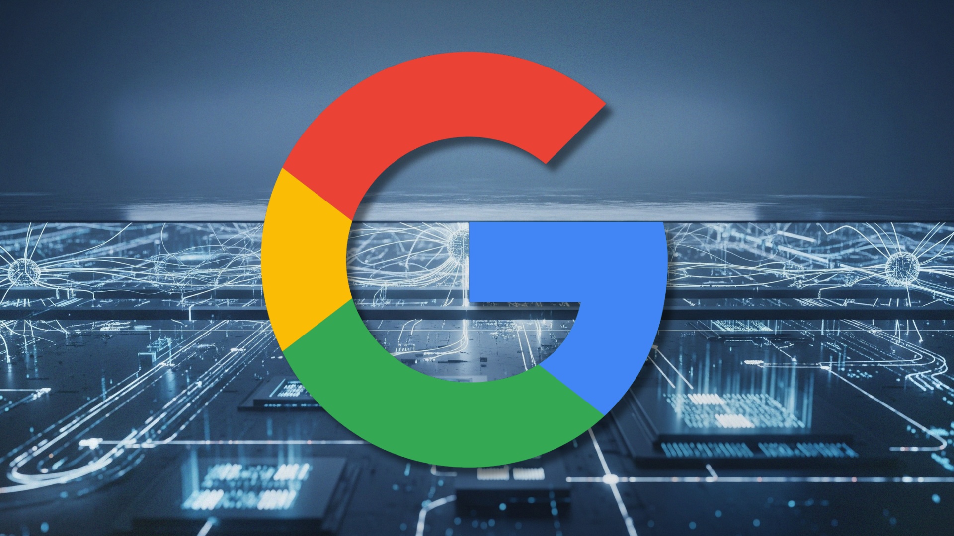 Google logo over a blue circuit board background. The logo is multi-colored.
