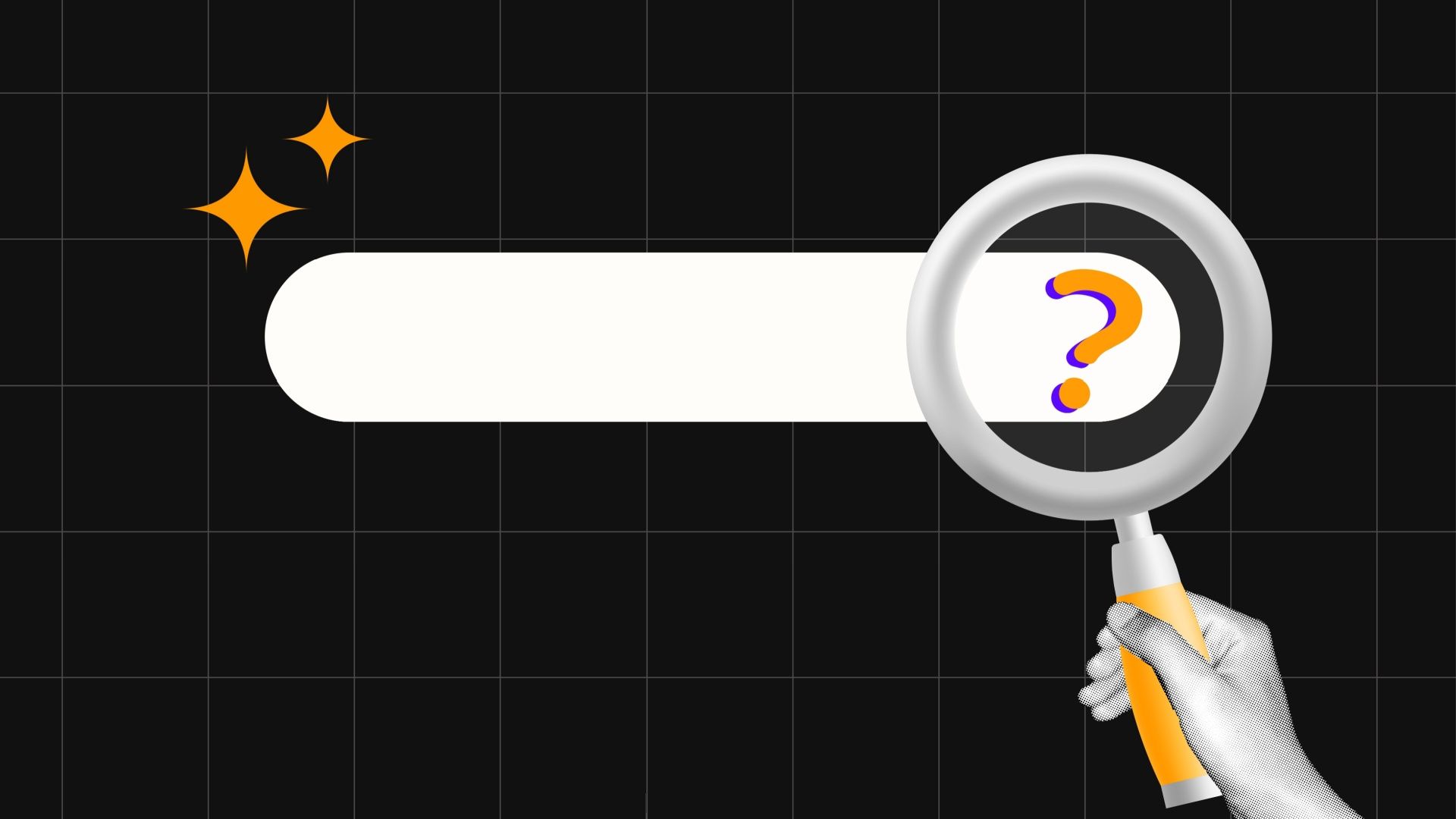 Hand holding magnifying glass over a search bar with a question mark on a black background.