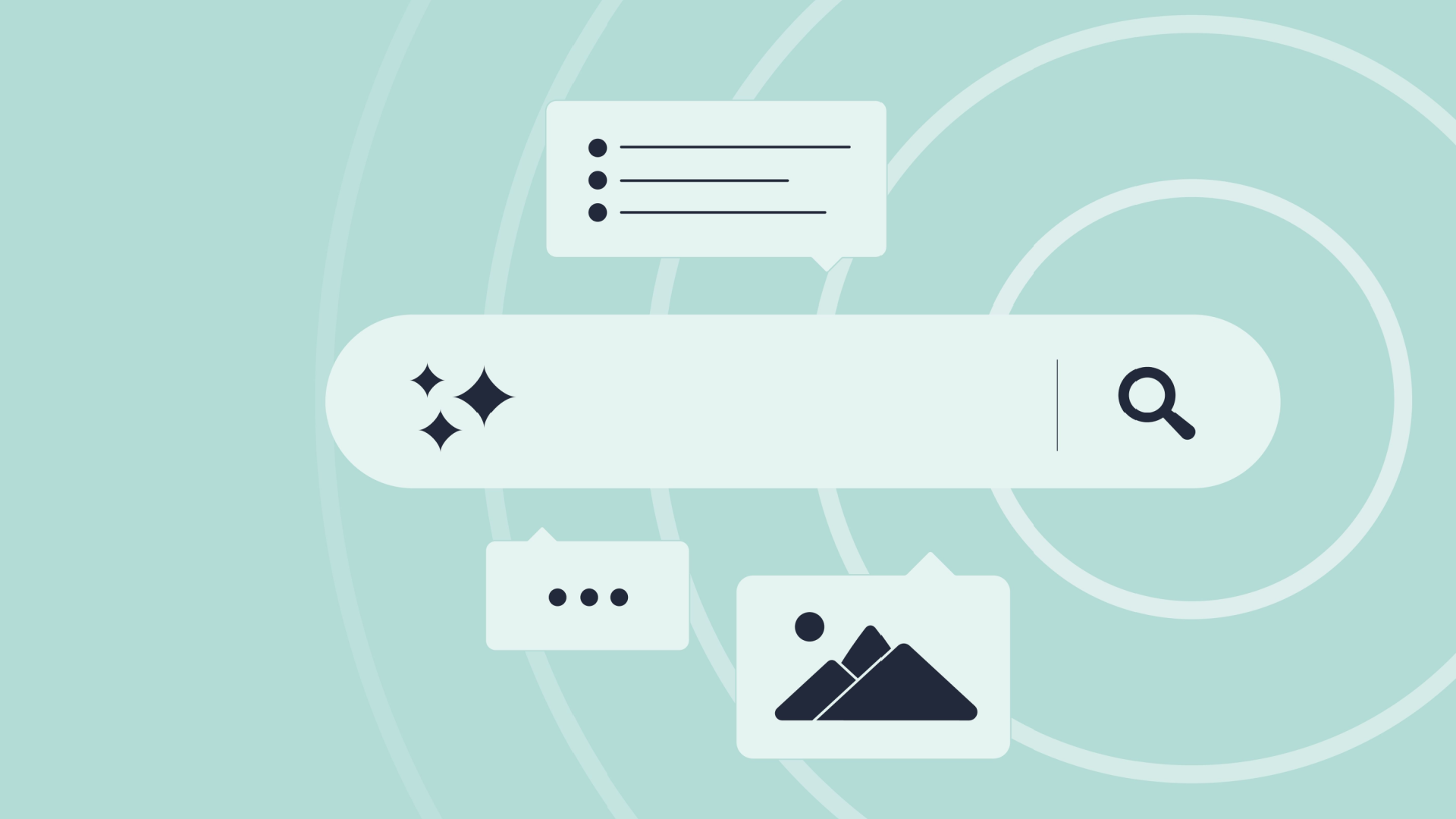 Search bar with suggestions and media icons against a light teal background.