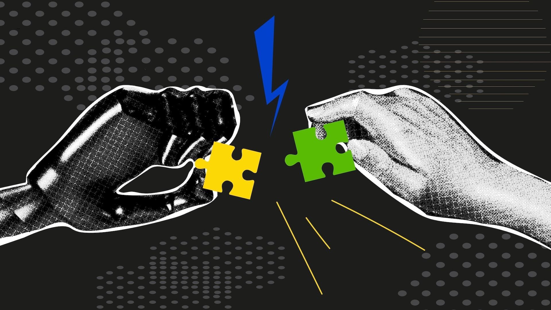 Two hands reaching to connect yellow and green puzzle pieces. Lightning bolt sparks between them.