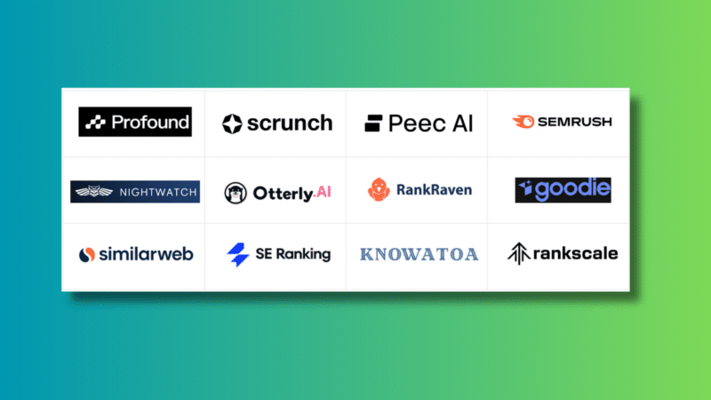 Logos of various SEO tools on a teal and green gradient background.