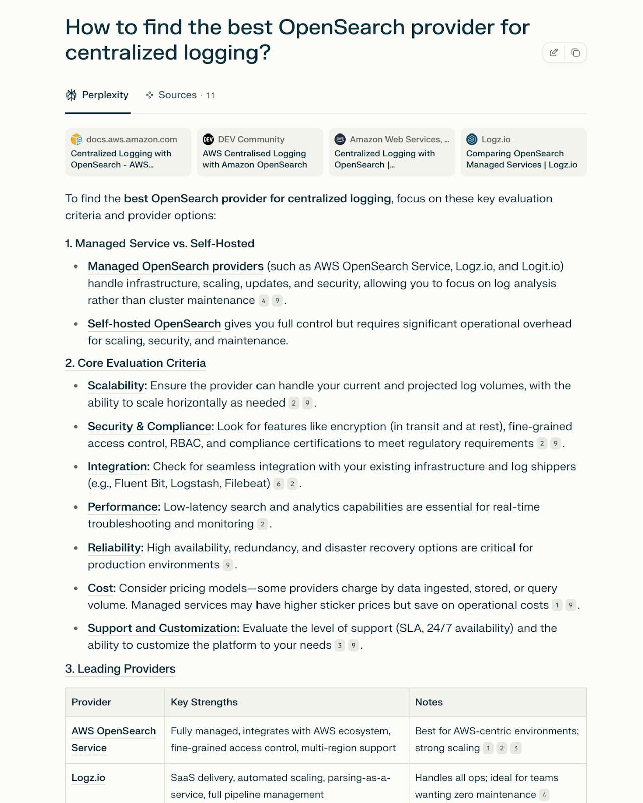 Article on finding the best OpenSearch provider for centralized logging.  Lists providers with features like cost, integrations.