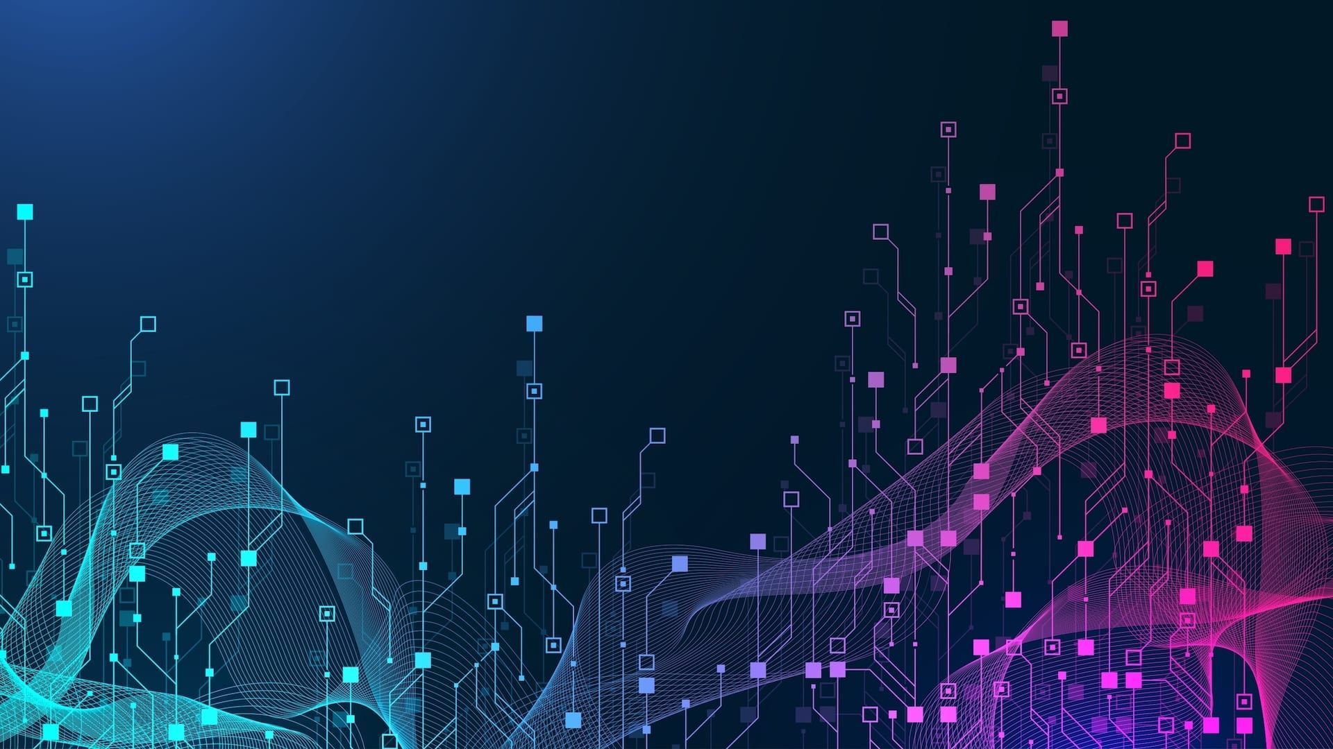 Abstract digital wave graphic with blue-green to pink hues, representing data flow and circuit board elements on a dark background.