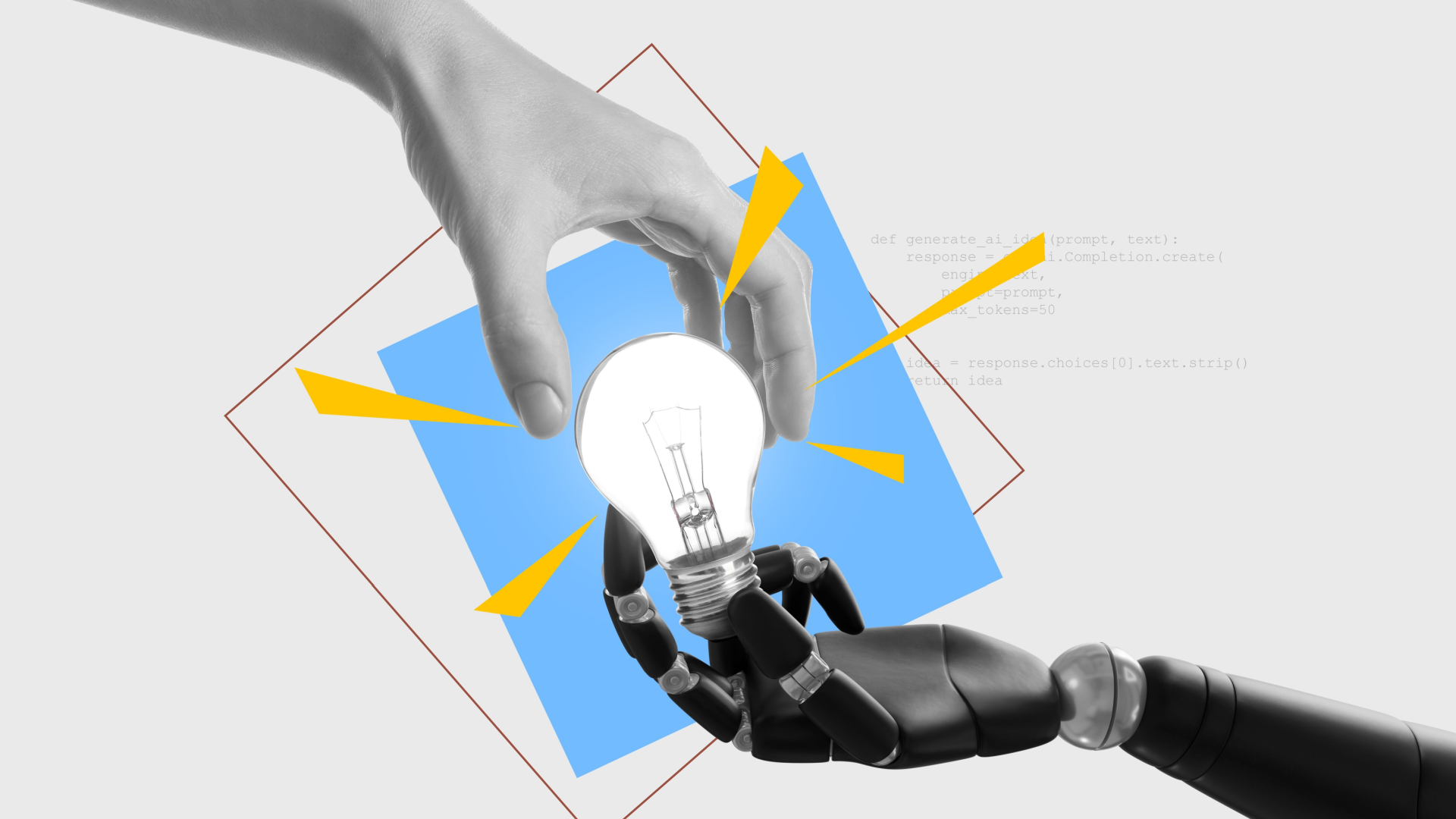 A human hand passing a lightbulb to a robotic hand, with blue and yellow graphic elements.