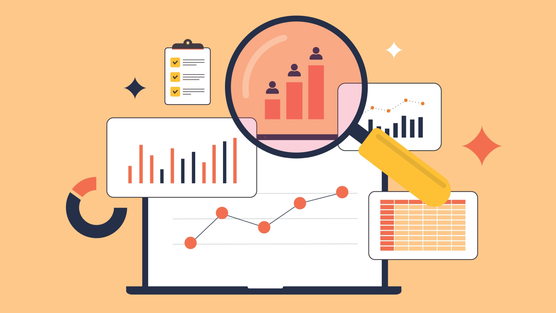 Data analytics illustration with charts, graphs, magnifying glass over bar graph, and laptop on a light orange background.