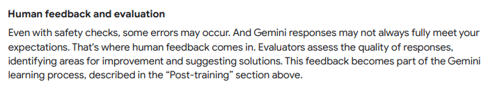 Text discussing human feedback and evaluation of Gemini responses, focusing on error correction and improvement.