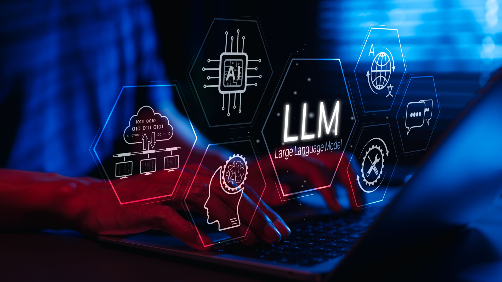 Person typing on a laptop, glowing digital overlays depicting AI, cloud, and LLM concepts in blue and red.
