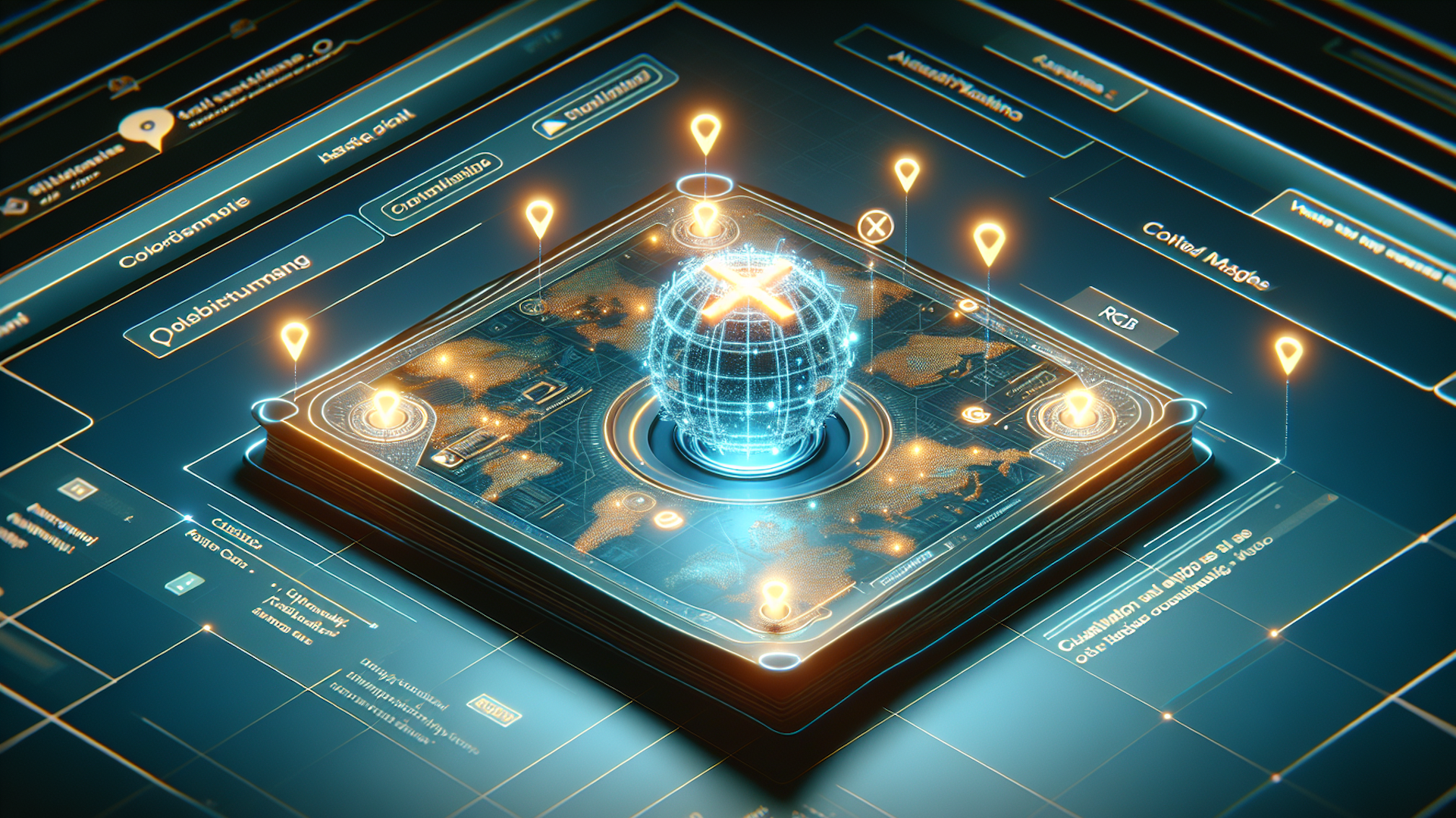 Futuristic globe display on a tech circuit board, highlighted by glowing lines and location markers.