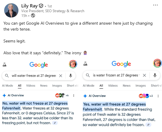 Side-by-side Google search results showing different answers on whether water freezes at 27 degrees Fahrenheit.