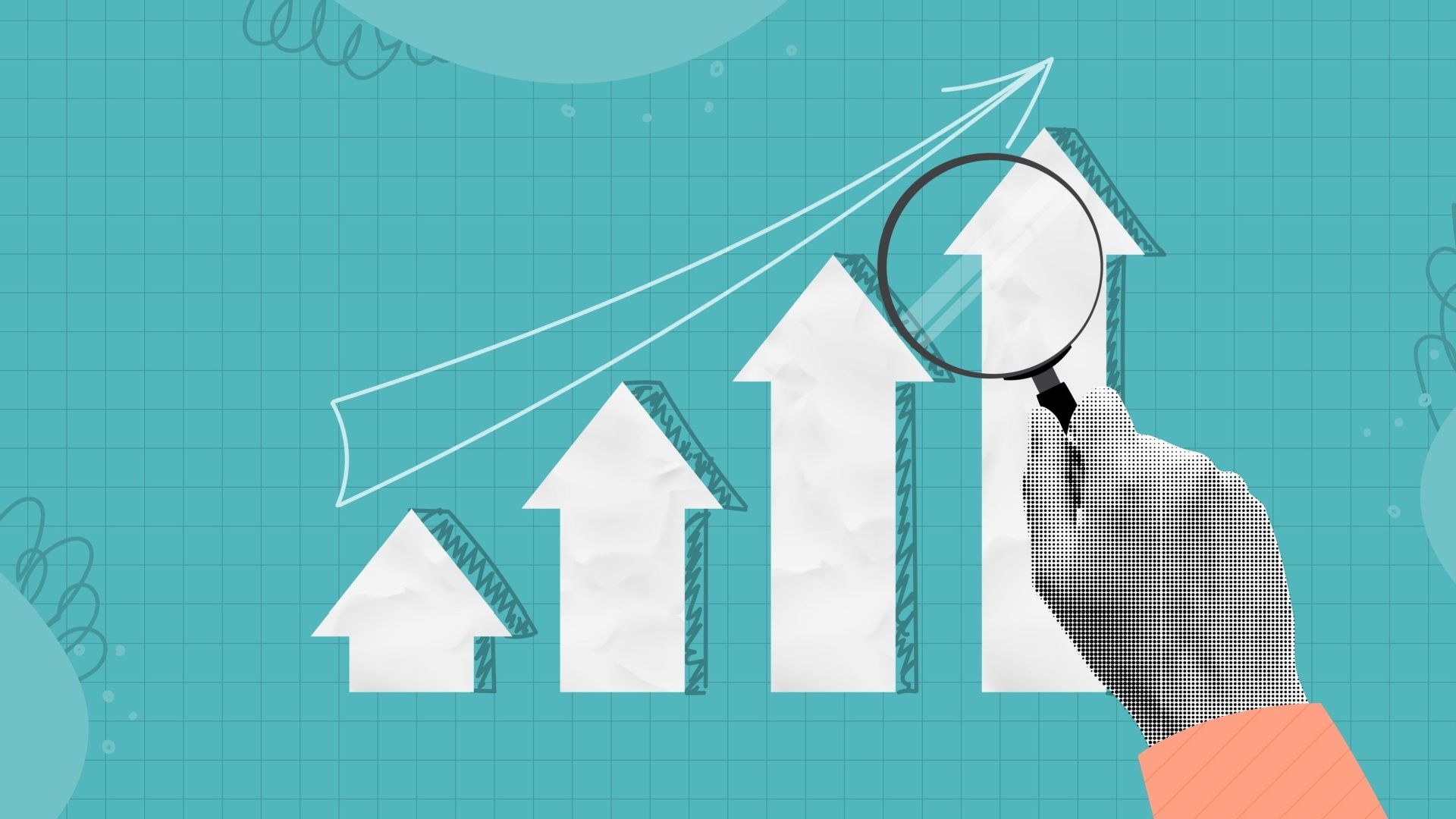 Hand with magnifying glass examining a graph of white arrows pointing upwards, on a turquoise background.