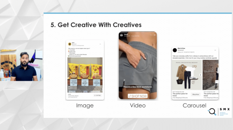 Man presenting marketing tips, showcasing examples of image, video, and carousel ads with products and text.