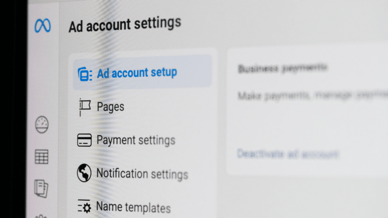 Screenshot of Facebook ad account settings menu with 