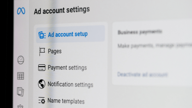 Screenshot of Facebook ad account settings with a sidebar menu highlighting 