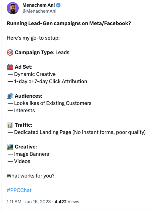 Twitter post about Facebook lead generation campaign setup. Includes campaign type, ad set, audiences, traffic, and creative recommendations.