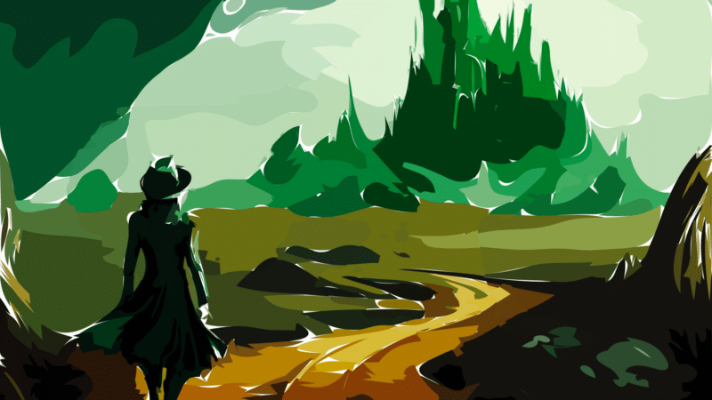 A person in green coat walks towards the Emerald City on a yellow brick road.