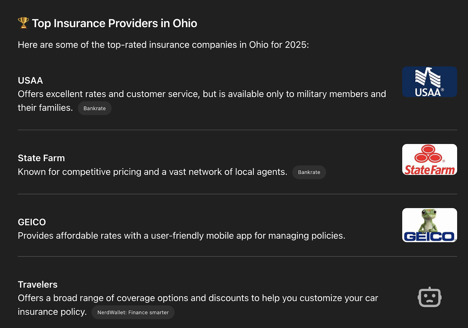 Top insurance providers in Ohio, including USAA, State Farm, and GEICO, with logos and descriptions.