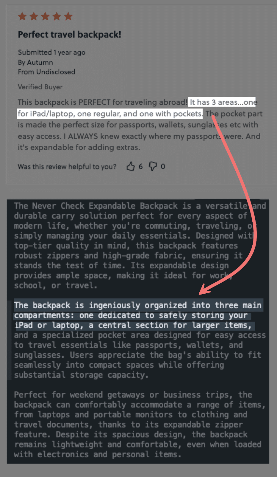 Review of a travel backpack with highlighted text mentioning three main compartments.