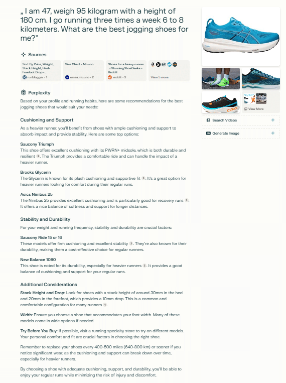 Text suggesting running shoes for a 47-year-old man who weighs 95 kg, 180 cm tall, and runs 6-8 km, three times/week, plus shoe images.