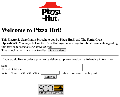 Pizza Hut website: Welcome screen with logo, text, and order form.