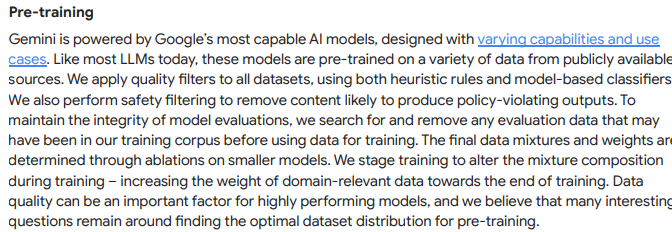 Text describing Gemini AI pre-training process: data sources, filtering, safety measures, and training stages.