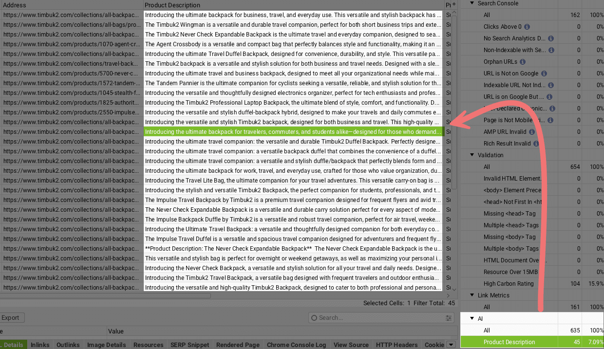 A spreadsheet with a highlighted text box containing dense lines of text, pointed to by an arrow.
