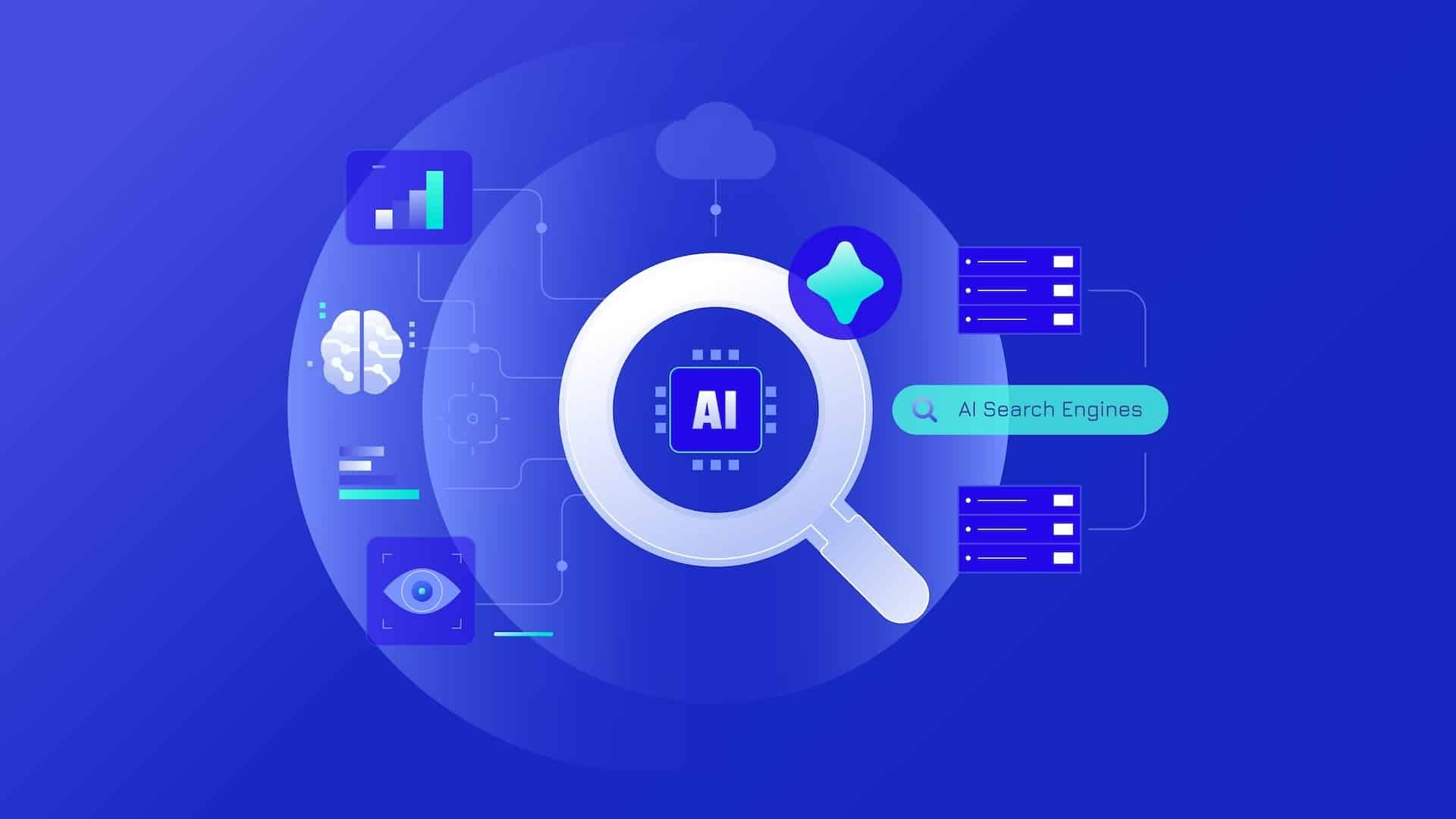 AI and data analysis concept with magnifying glass, charts, and brain on blue background.