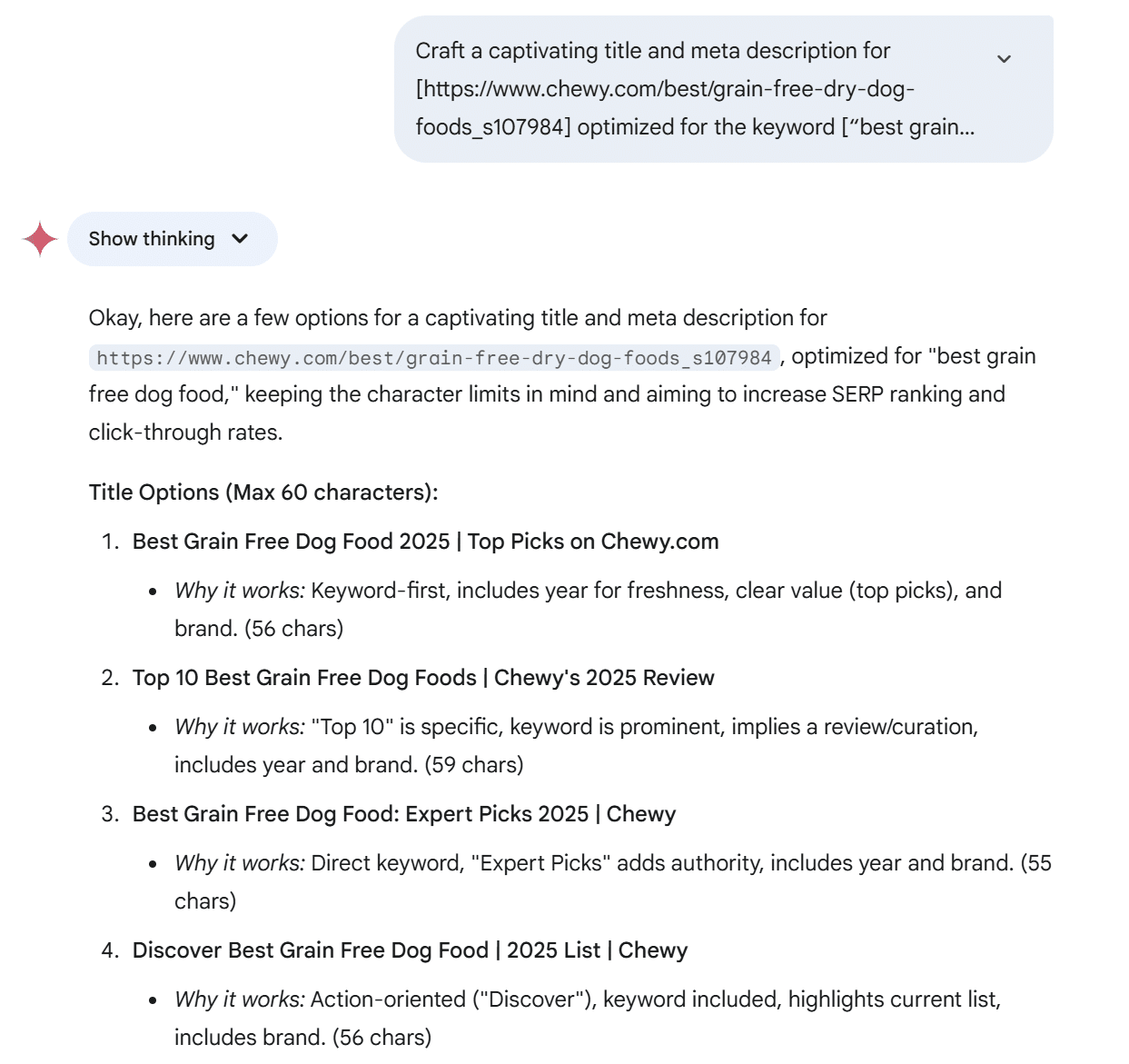 A list of title options for dog food articles on Chewy, includes titles and explanations.